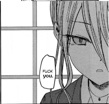 a black and white drawing of a girl with long hair talking to someone .
