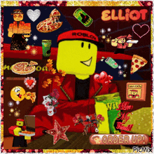 a picture of elliot from roblox is surrounded by pizza and other items