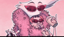 a cartoon of a bird wearing sunglasses and a pink fur coat holding a cup of coffee .