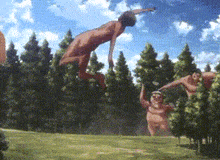 a naked man is jumping in the air in front of a group of trees .