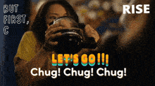 a woman holding a coffee pot with the words let 's go chug chug chug written on it