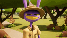 a purple rabbit wearing a hat and a tan shirt