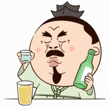 a cartoon drawing of a man holding a bottle of beer