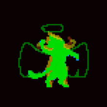 a pixel art of a green and yellow dragon with a halo on its head