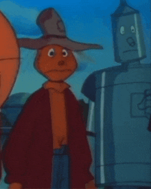 a cartoon character wearing a cowboy hat and scarf stands next to a robot