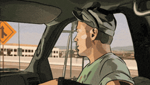 a cartoon of a man driving a car with an arrow sign in the background