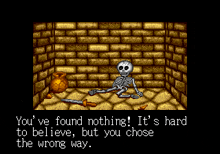 a skeleton is laying on the floor in a room with a brick wall behind him