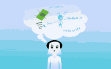 a cartoon drawing of a woman with a thought bubble that says need work