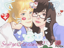 a picture of a boy and a girl with the words switzerland on the bottom right