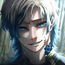 a drawing of a person with blue hair and a tattoo on their neck