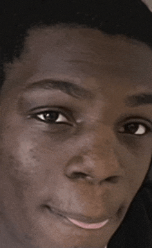 a close up of a young man 's face with a smile on it .