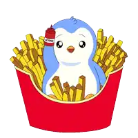 a penguin is in a bucket of french fries with a ketchup bottle on its head