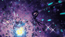 a purple background with a few stars and a purple object in the middle