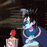 a cartoon character is standing next to a popcorn box