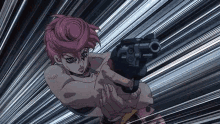 a cartoon character is holding a gun in his hand and pointing it at someone .