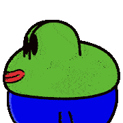 a green and blue cartoon character with a surprised expression