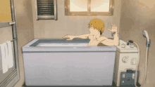 a man is taking a bath in a bathtub with a shower head attached