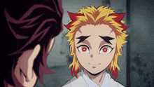 a cartoon character with orange hair and red eyes is smiling