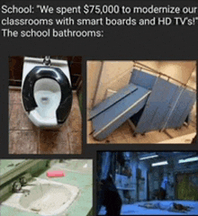 a picture of a toilet a sink and a tv says school