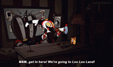 a cartoon character is holding a megaphone and says m & m get in here we 're going to loo loo land