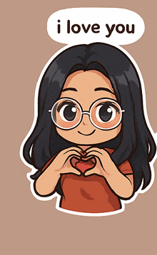 a girl with glasses making a heart shape with her hands and the words i love you above her