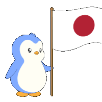 a penguin is holding a flag with a red circle in the middle