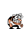 a pixel art drawing of a cartoon character flying through the air with his arms outstretched .
