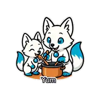 a sticker of two foxes cooking with the word yum underneath