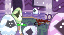 a cartoon drawing of a room with a purple wall and a bunch of balls with faces on them