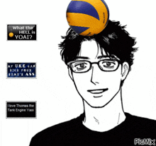 a man with glasses is holding a volleyball on his head