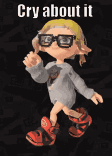 a cartoon character with glasses and a sweater says cry about it
