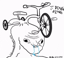 a drawing of a man riding a bicycle with the words ping ding written on the bottom