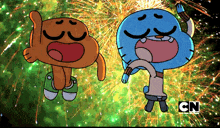 two cartoon characters from the amazing world of gumball are standing in front of fireworks