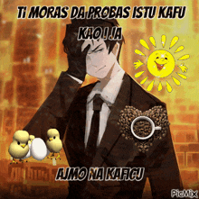 a man in a suit and tie is surrounded by coffee beans