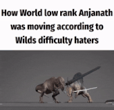 two dinosaurs with swords standing next to each other with the words how world low rank anjanath