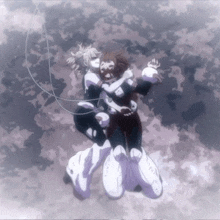 a couple of anime characters hugging each other with a purple background