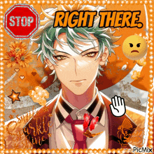 a picture of a man with green hair and a stop sign behind him that says right there