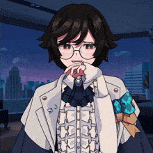 a girl with glasses and a bow tie holds her hand to her chin