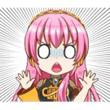 a cartoon of a girl with pink hair and a surprised look on her face .
