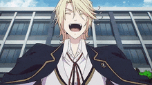 a man in a school uniform is screaming in front of a building