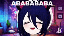 a cartoon girl with a cat ear hat is making a funny face in a bedroom .