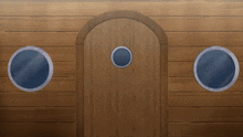 a wooden door with a round window on it