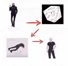 a man is standing next to a dice and a man is standing next to a poster that says 5x30