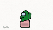 a green among us character is sitting on a couch with a pink pillow .