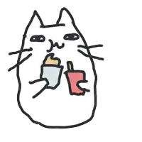 a drawing of a cat with a bottle and a cup