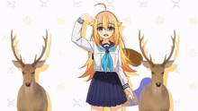 a girl in a school uniform is standing in front of two deer