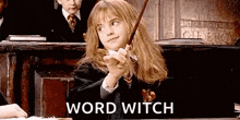 hermione granger from harry potter is holding a wand in front of a group of children .