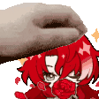 a person is putting a hat on a cartoon character with red hair and a rose in her mouth .
