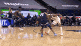 two basketball players are playing a game of basketball on a court with a crowd watching .
