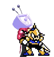 a pixel art of a cartoon character standing next to a cartoon character .